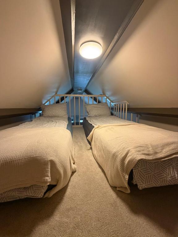 two beds in a small room with a light at Logeren boven paarden in Jubbega-Schurega