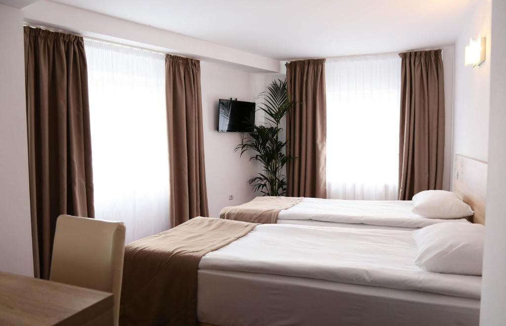 two beds in a hotel room with windows at Hotel Apollonia in Braşov