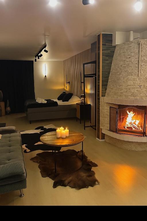 ein Wohnzimmer mit Kamin und einem Bett in der Unterkunft Cityview Studio Ivalo Stay in Inari