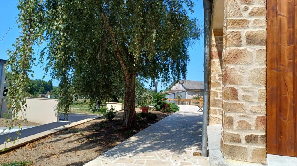 a tree on a sidewalk next to a house at Chez Jollyjune, à moins d'une heure du Mont Saint Michel in Champeaux