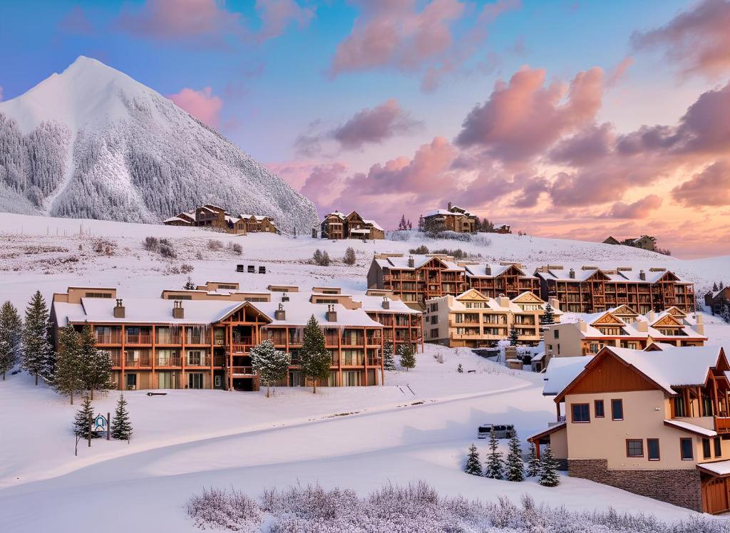 a resort in the snow with a mountain in the background at Ski-In & Out, Top-Floor CB Condo, Panoramic Mountain View in Crested Butte