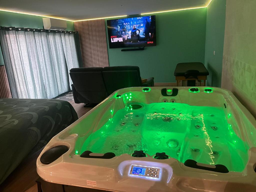 a pool table in a living room with a tv at bulles et détente in Seuil