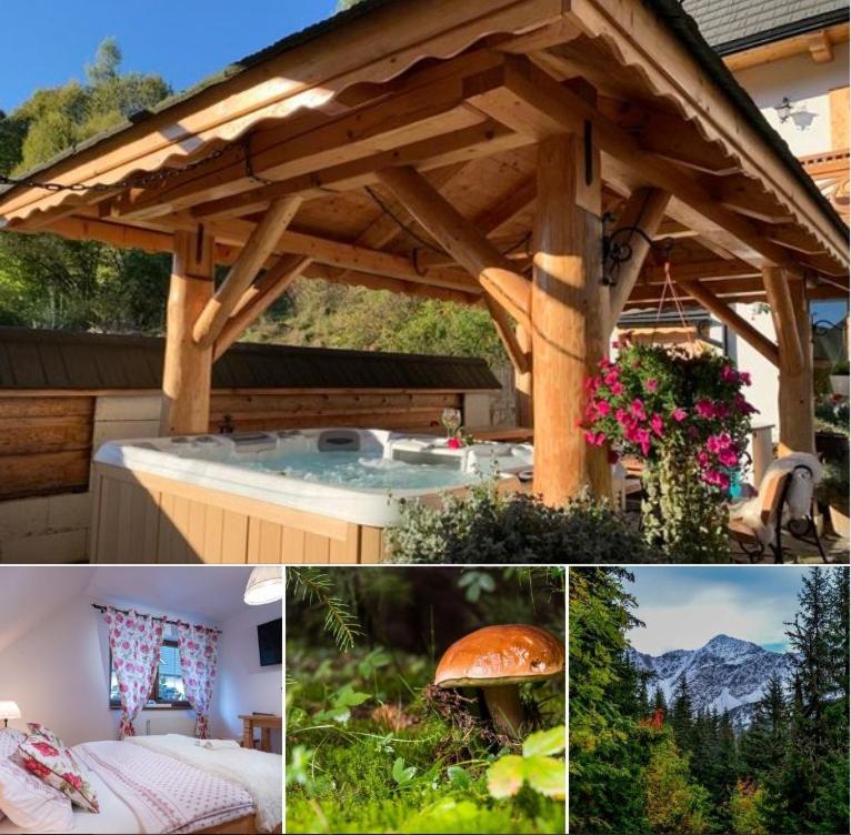 a collage of pictures of a wooden pergola at Malinovy Sen in Habovka