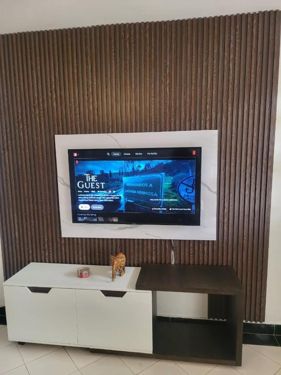 a tv sitting on top of a white cabinet at Kim's Executive Two-Bedroomed Apartment in Nakuru