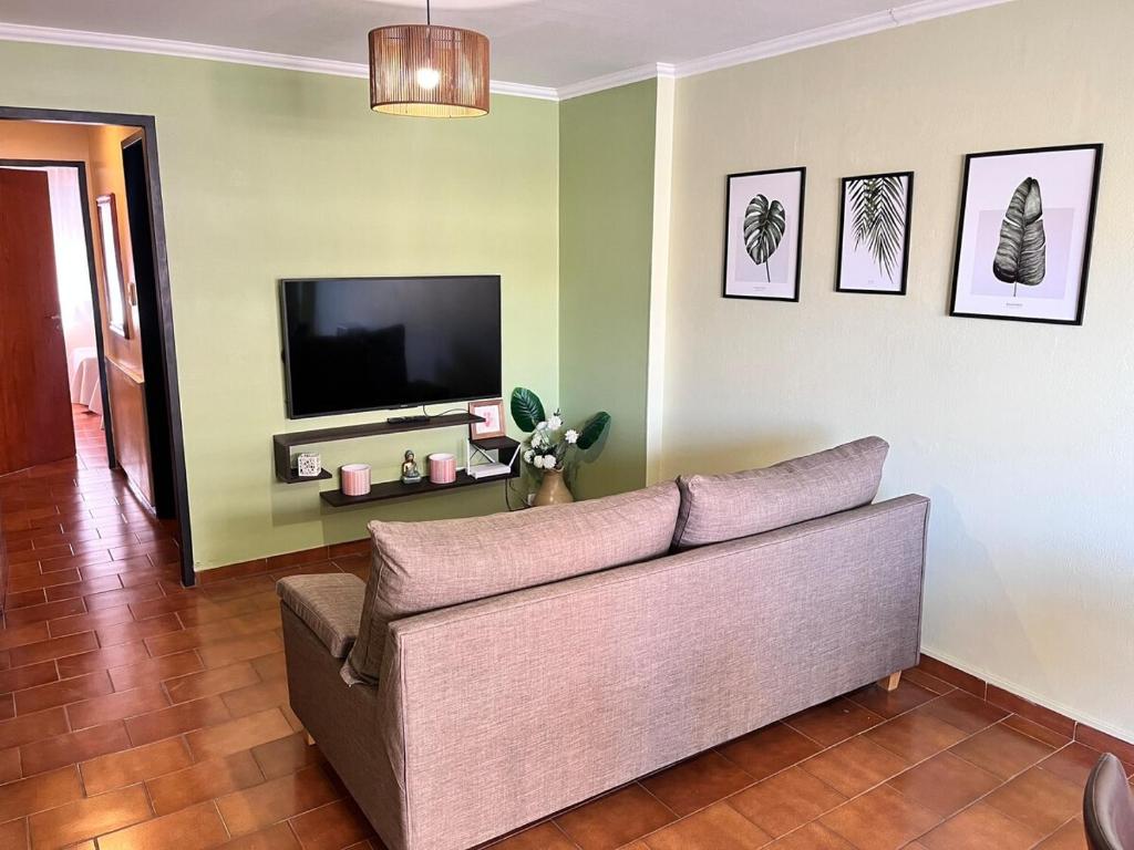 ein Wohnzimmer mit Couch und Flachbildfernseher in der Unterkunft Departamento 1 dormitorio a metros de Patio Olmos in Cordoba