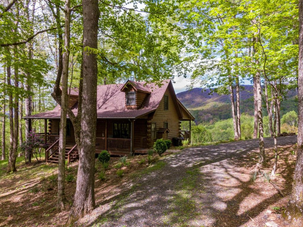 a log cabin in the woods with a driveway at Buck Ridge in West Jefferson