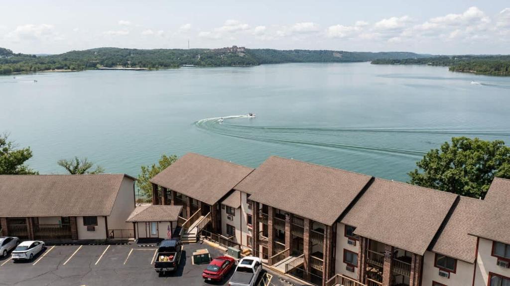 an aerial view of a town with a lake and buildings at Table Rock Lakeview Condo - Sanctuary 446 in Radical