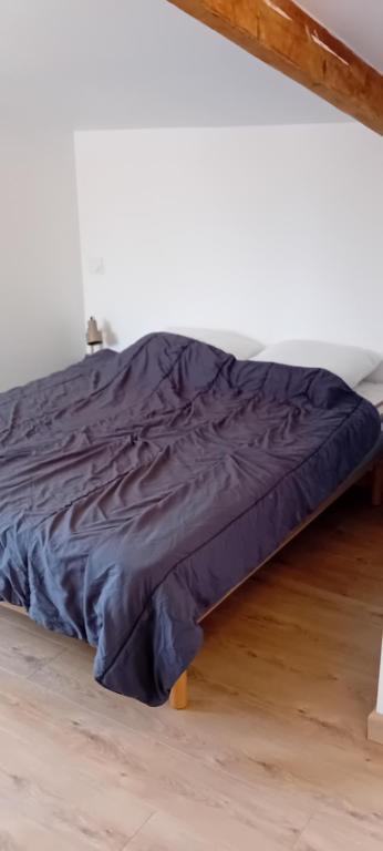 una cama con una manta morada en el suelo en Charmante maisonnette 1 chambre proche de Nîmes, en Caveirac