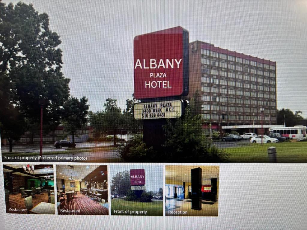 a collage of photos of a hotel sign and a building at Albany Plaza Hotel in Albany