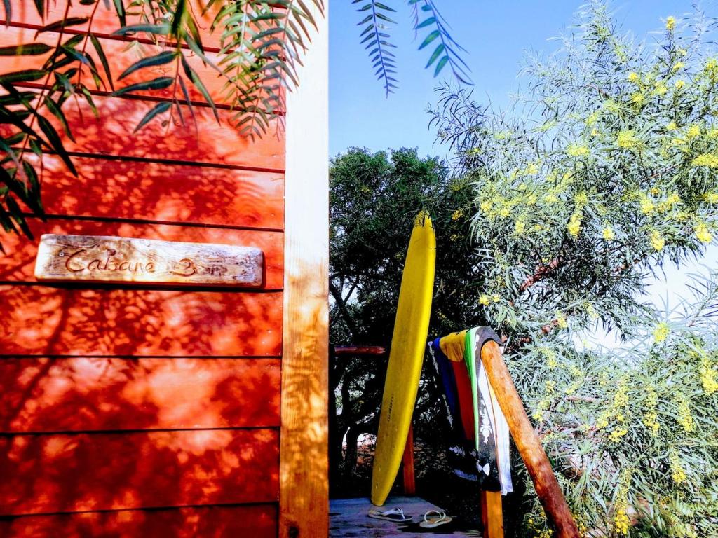 two surfboards are leaned up against a wall at Bed0Bled Cabanes & Holiday homes in Sidi Kaouki