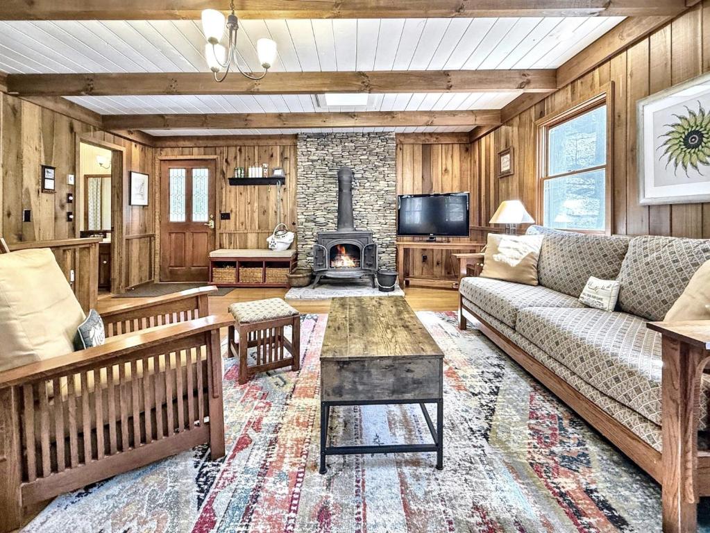 a living room with a couch and a fireplace at Karma Cabin in Scaly Mountain