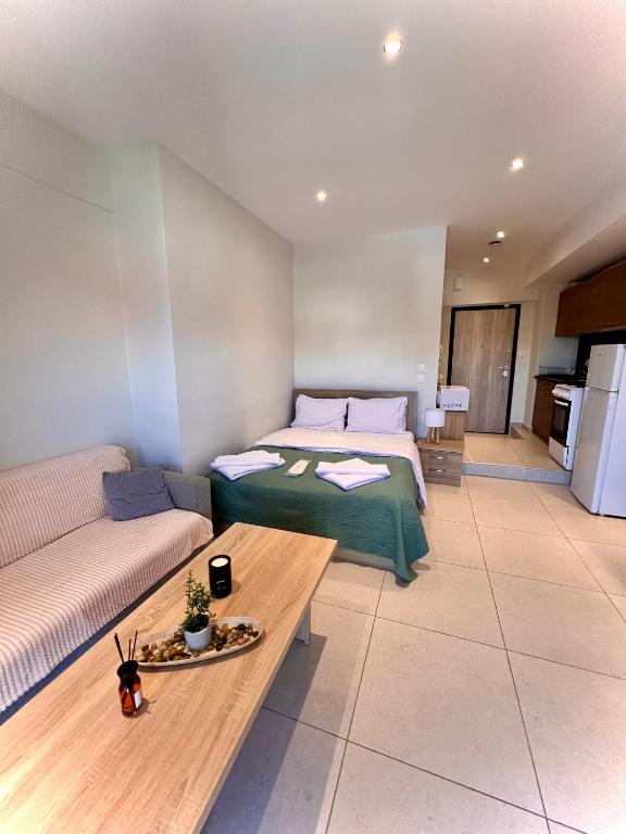 a room with a bed and a couch and a table at Fillio 's Apartment, Ptolemaida in Ptolemaida