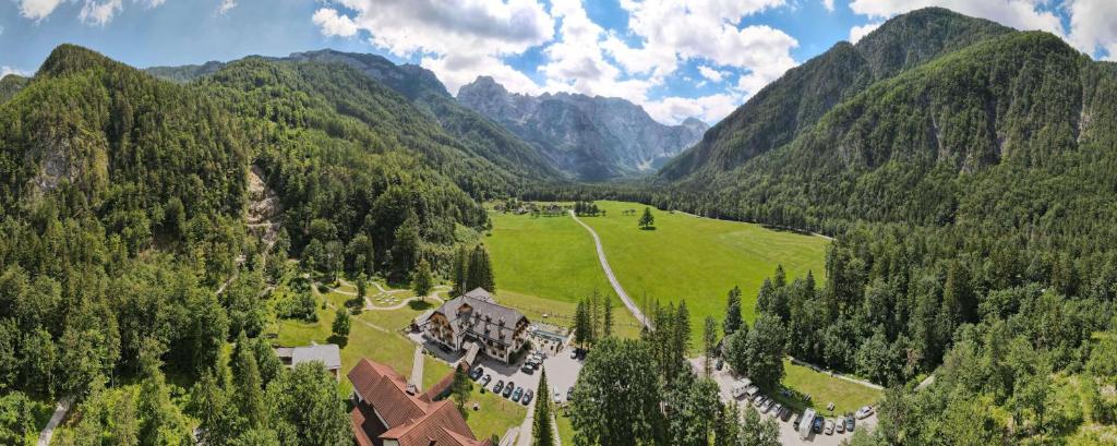 an aerial view of a resort in the mountains at Villa Palenk Logar Valley in Solčava