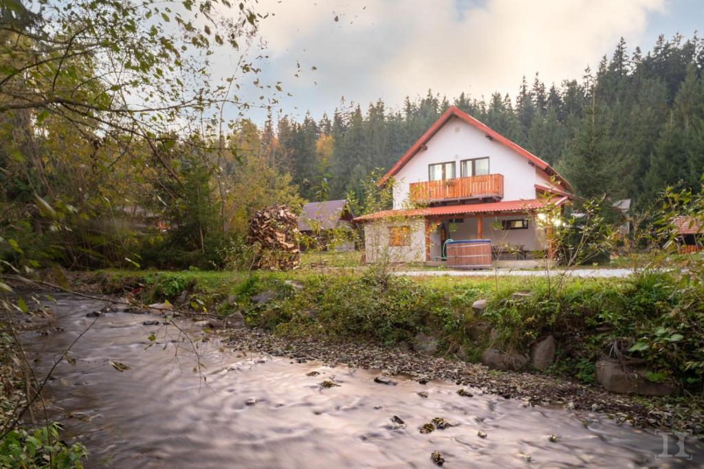 a house with a river in front of it at Csencsó Vendégház in Ciumani