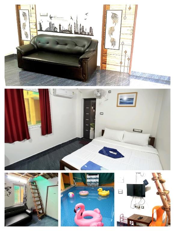 a room with a couch and a bed and a pool at SERENITY BAY HOME 2bhk in Pondicherry