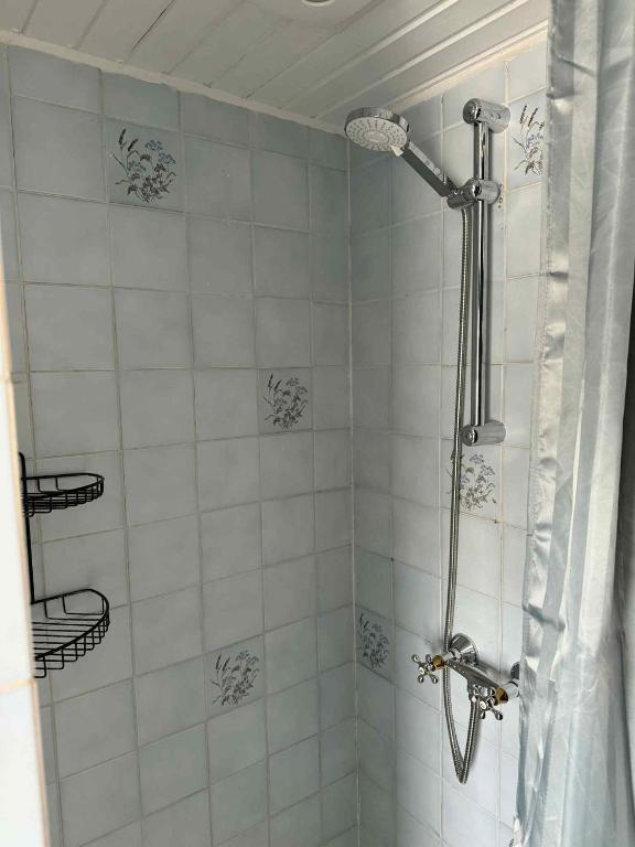 a bathroom with a shower with a shower curtain at Tylstrup Nordjylland in Tylstrup