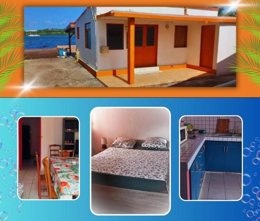 dwa zdjęcia domu z łóżkiem i kuchnią w obiekcie Maison exurville w mieście Le Robert