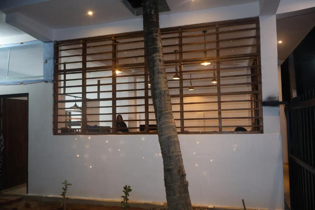 亭可马里La PRINCE Hostel and hotel的一面墙上有一扇窗户，窗户前面有一棵树。