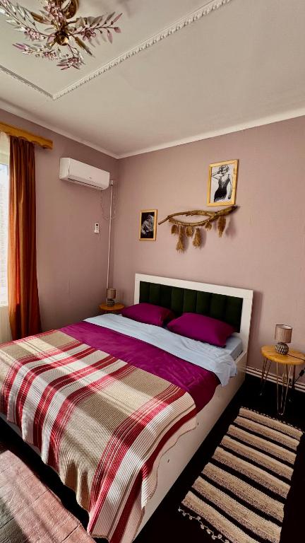 a bedroom with a large bed with purple sheets at Megruli House in Poti
