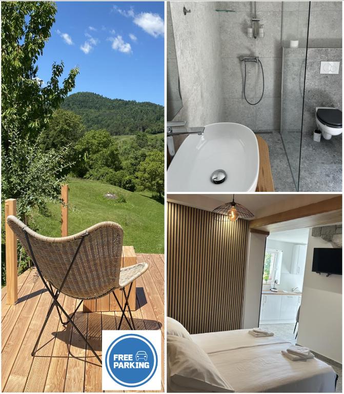 a collage of pictures of a bathroom with a chair at Studio apartment in nature with sauna in Postojna