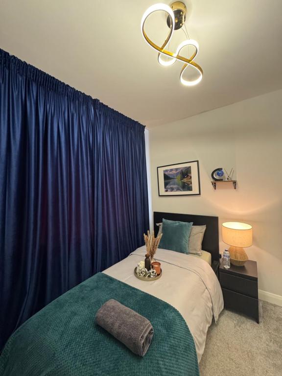 a bedroom with a large bed with a blue curtain at Modern Cozy Rooms Athy in Athy