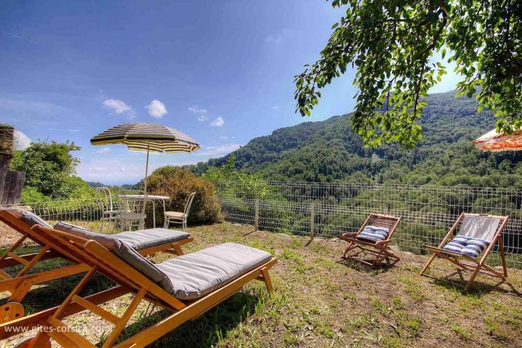 un patio avec deux chaises et un parasol dans l'établissement Maison entre mer et montagne, à Santa-Reparata-di-Moriani