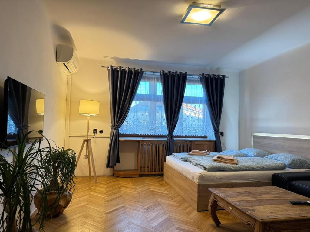 a bedroom with a bed and a large window at Cozy Nest Eden- Apartment in Golčŭv Jeníkov