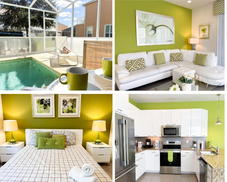 a collage of photos of a living room and a kitchen at Stylish 3-BR with Private Pool & Conservation View in Orlando