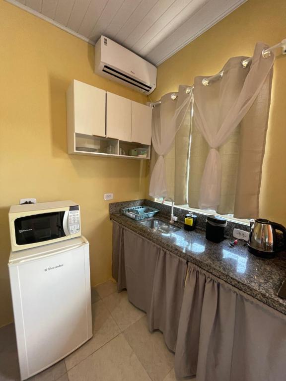 a kitchen with a counter with a microwave at Mini Casa 5 in Itajaí
