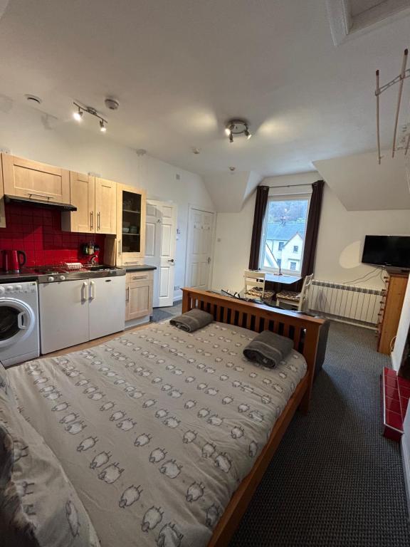 a large bedroom with a large bed in a kitchen at Nevis Bank Studio in Fort William