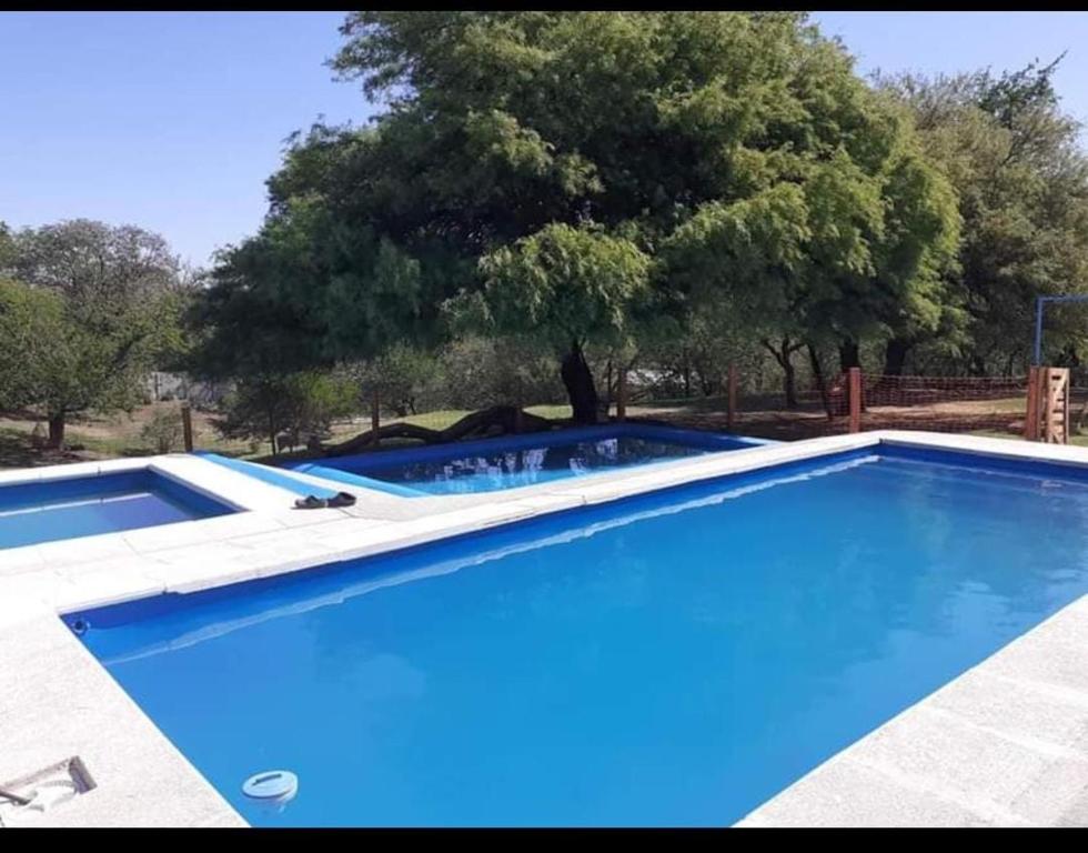 a blue swimming pool with a tree in the background at Camping Agua Clara-EL Mundo del Rock in Miramar