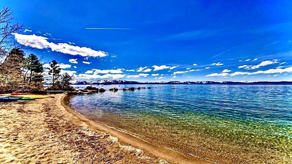 a beach with water and trees and a blue sky at Lv12: luxury villa walk to the Beach in Glenbrook