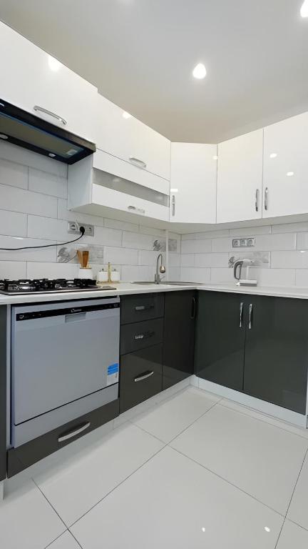 a white kitchen with a stove and a sink at Olena's apartment in Berehove