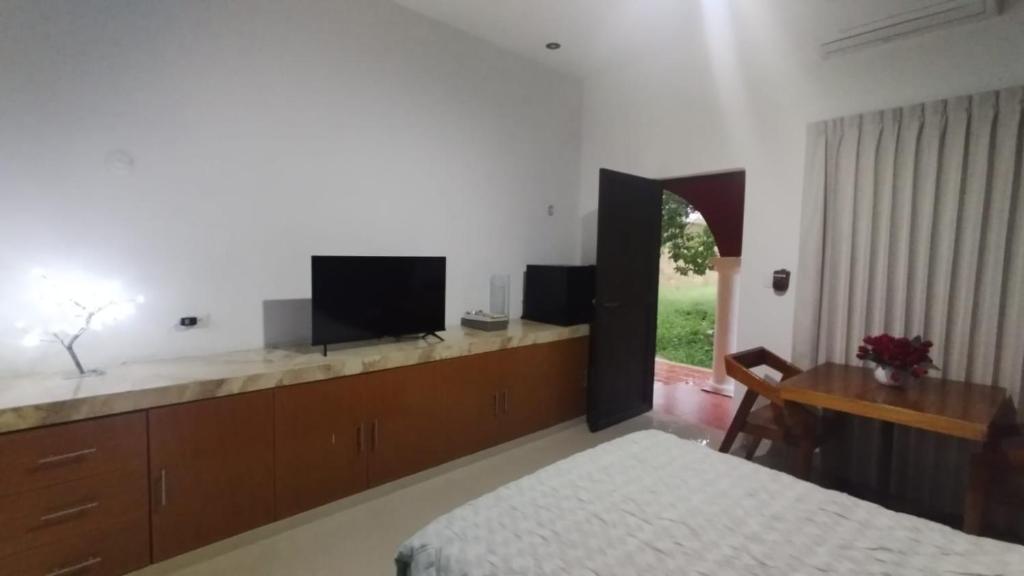 a bedroom with a bed and a flat screen tv at Casa Mangos in Mérida
