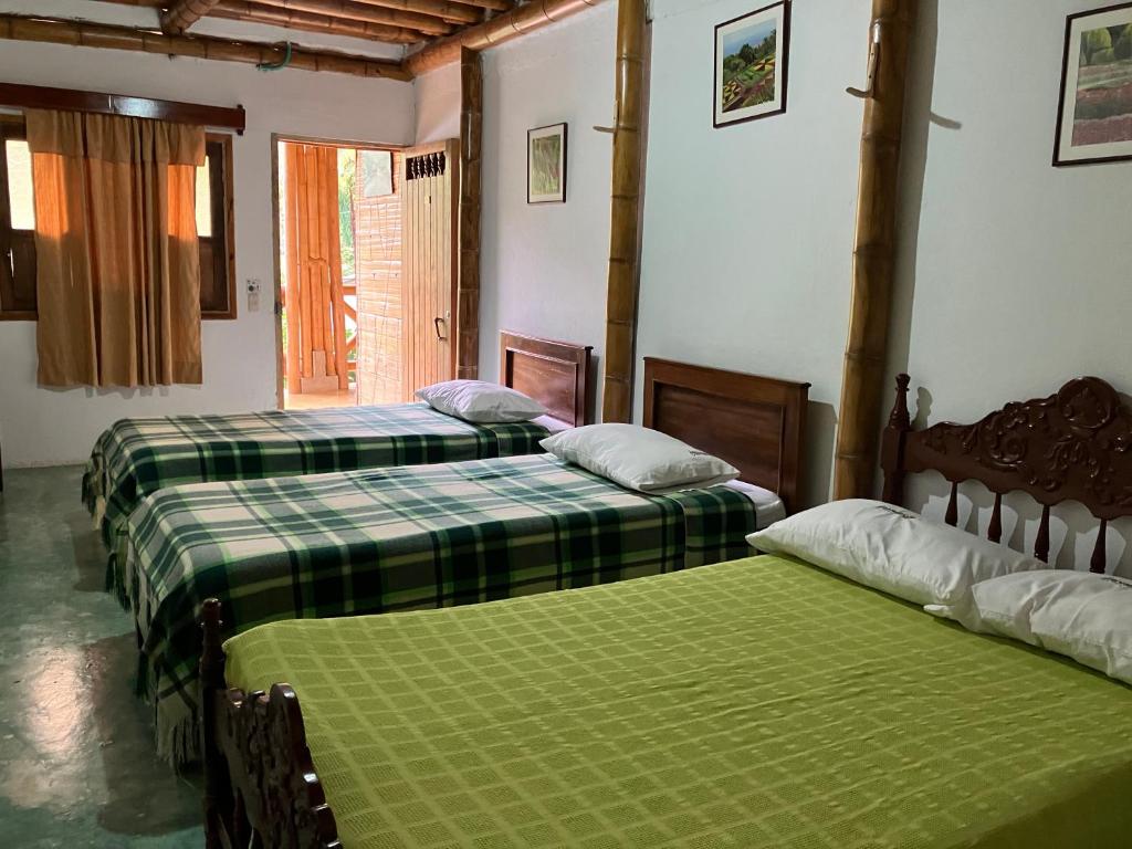 InzáLa Portada en Tierradentro Restaurante y Hospedaje的配有绿床单的客房内的两张床