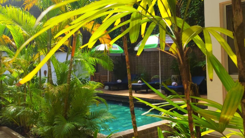 a pool in a house with palm trees at La Fontaine de Tara in Siem Reap
