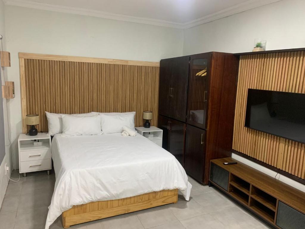 a bedroom with a bed and a flat screen tv at GRACE self-catering apartments in Goodwood