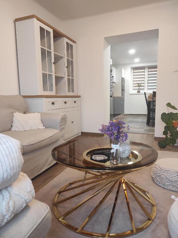 a living room with a couch and a glass table at Nina apartman in Komárno