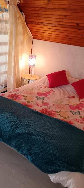 a bedroom with a bed and a table with a lamp at chambre d'hôte la maison verte in Séglien