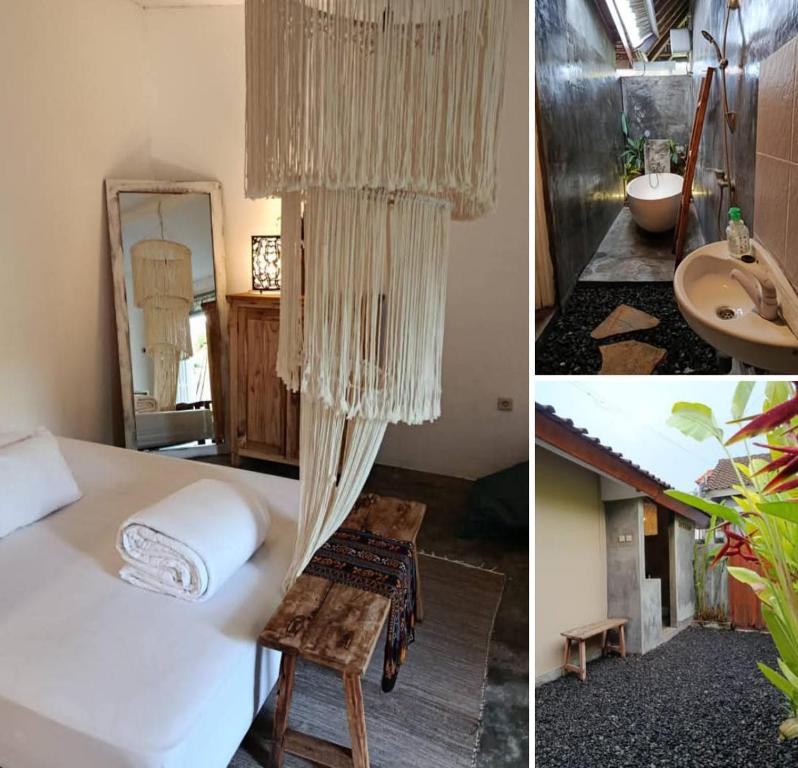 een slaapkamer met een bed, een wastafel en een spiegel bij Gusti Ayu Private Bali House - 2 Bedrooms near Kerobokan in Kerobokan