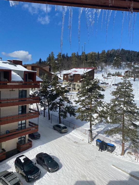 a view of a parking lot with snow on the ground at Bakuriani inn Apartment in Bakuriani