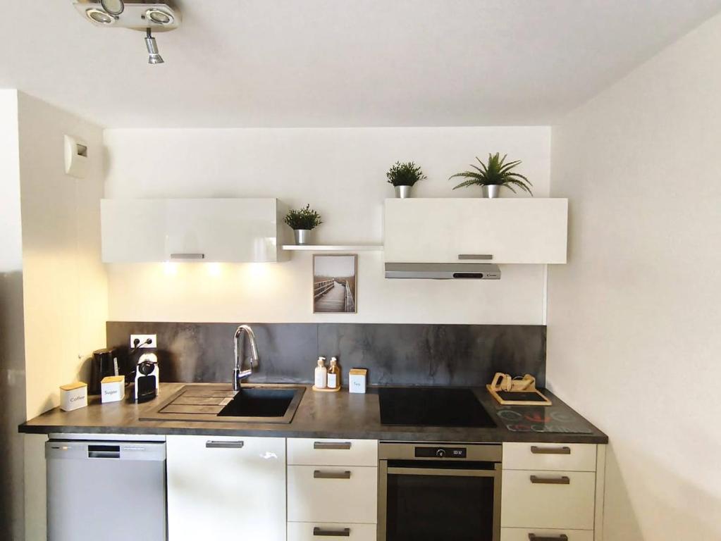 Een keuken of kitchenette bij T2 avec terrasse & garage privé, Proche Jaude