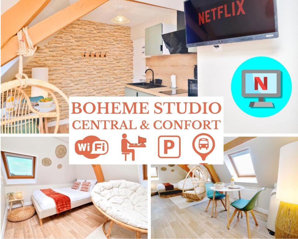 a collage of pictures of a bohemian studio rental and conominium at NOUVEAU BOHEME STUDIO - Netflix & Clim - Centre Ville Transports - Idéal PRO ou COUPLE - Cosy & Confort - NEUF & OFFRE SPÉCIALE in Saint-Omer