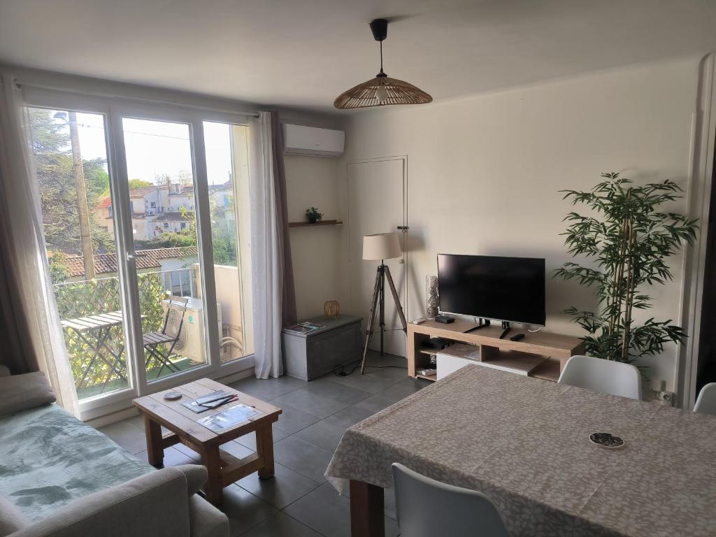 un salon avec un canapé, une télévision et une table dans l'établissement Les Tamaris, à Arles