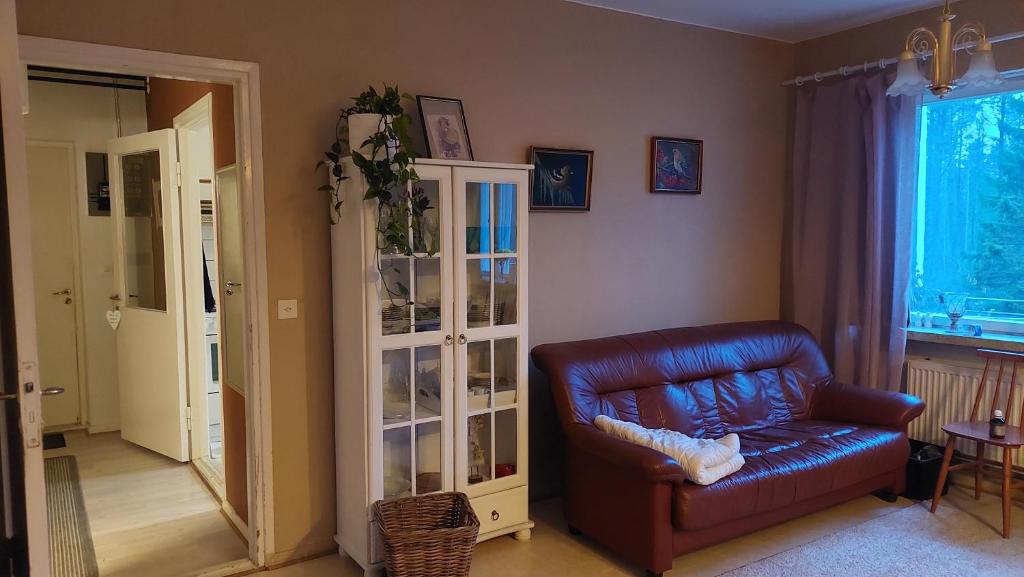 索特卡莫Arctic Landhaus的客厅配有真皮座椅和橱柜