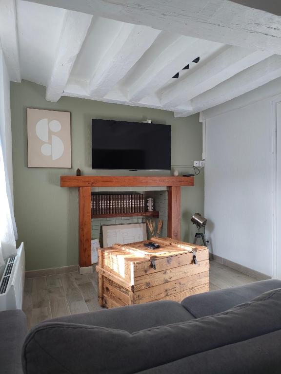 a living room with a couch and a flat screen tv at La petite maison des choux in Les Choux