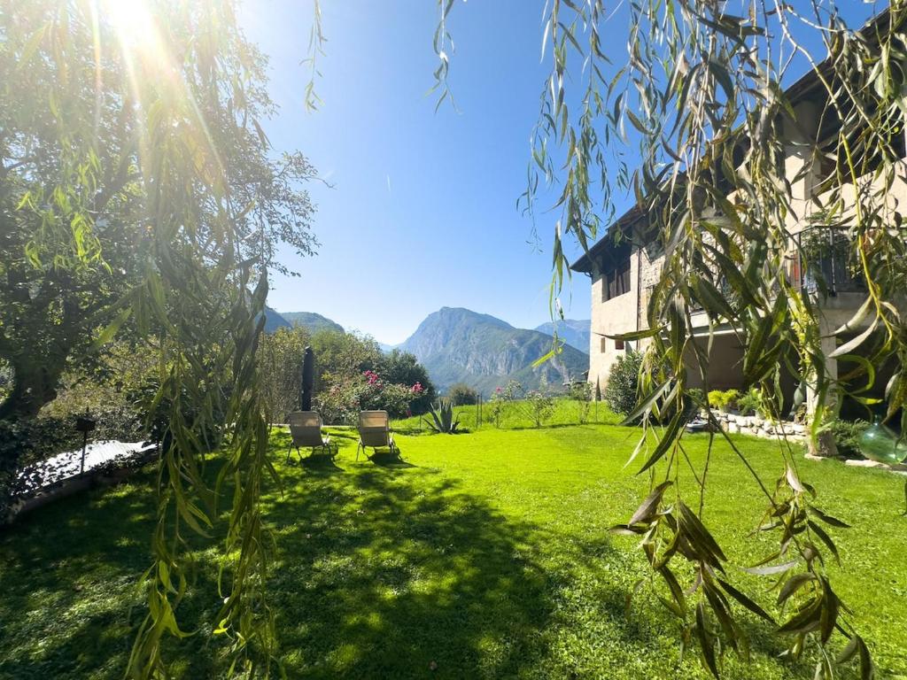 a green yard with a house and mountains in the background at Al Veciarin in Lundo