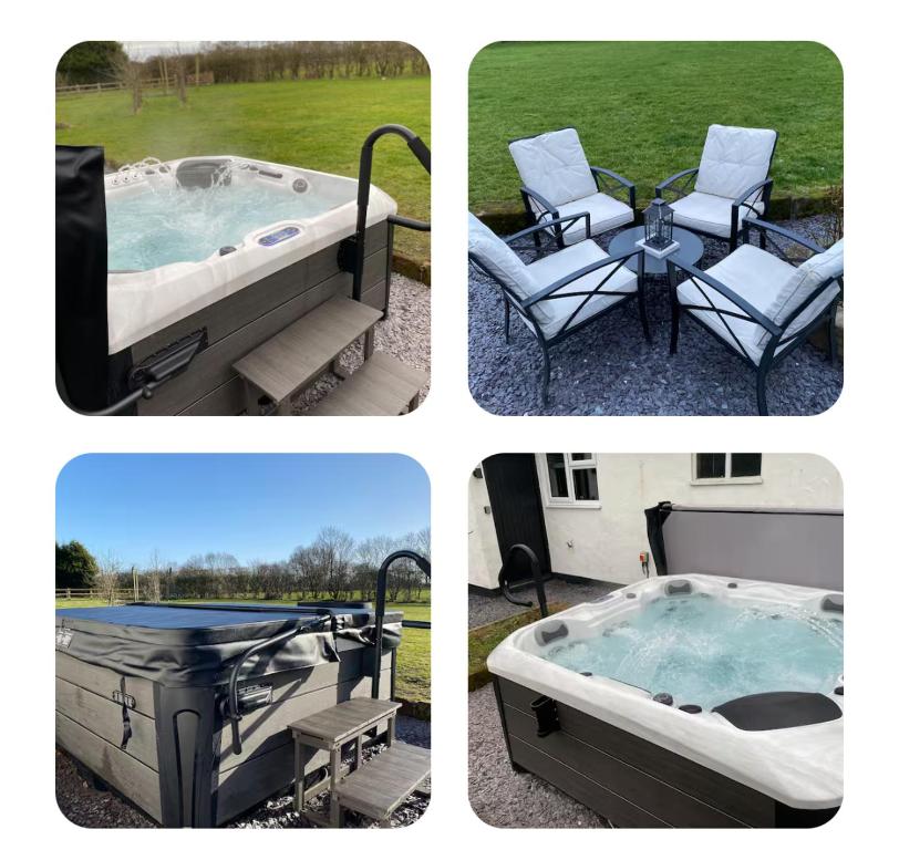 Cuatro fotos de una bañera de hidromasaje con mesa y sillas. en Peewit Lodge, 