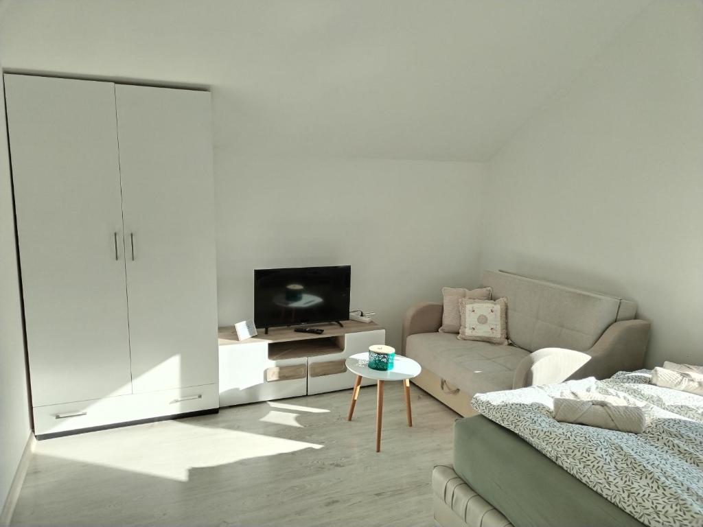 a white living room with a couch and a tv at Andrijana in Soko Banja