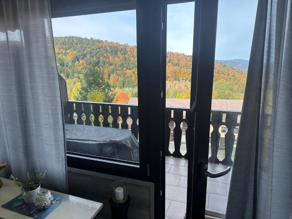 eine offene Tür zu einem Balkon mit Aussicht in der Unterkunft L&L Ferienwohnung in Schöfweg